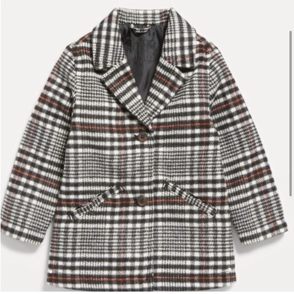 Old Navy Plaid Pea Coat Girls Black White Red Size 5T NWOT - Picture 2 of 8